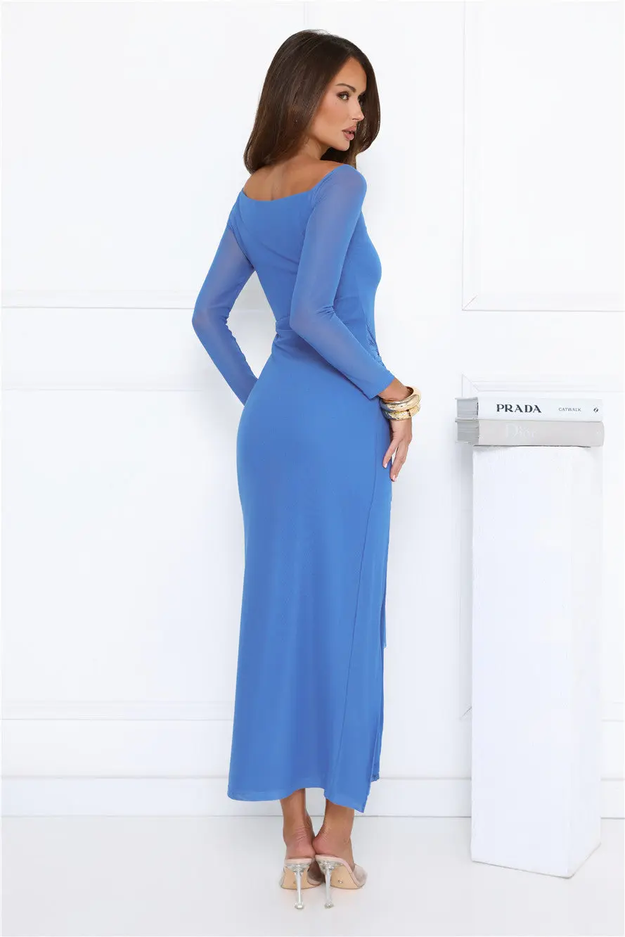 Neon Nights Out Mesh Long Sleeve Midi Dress Blue