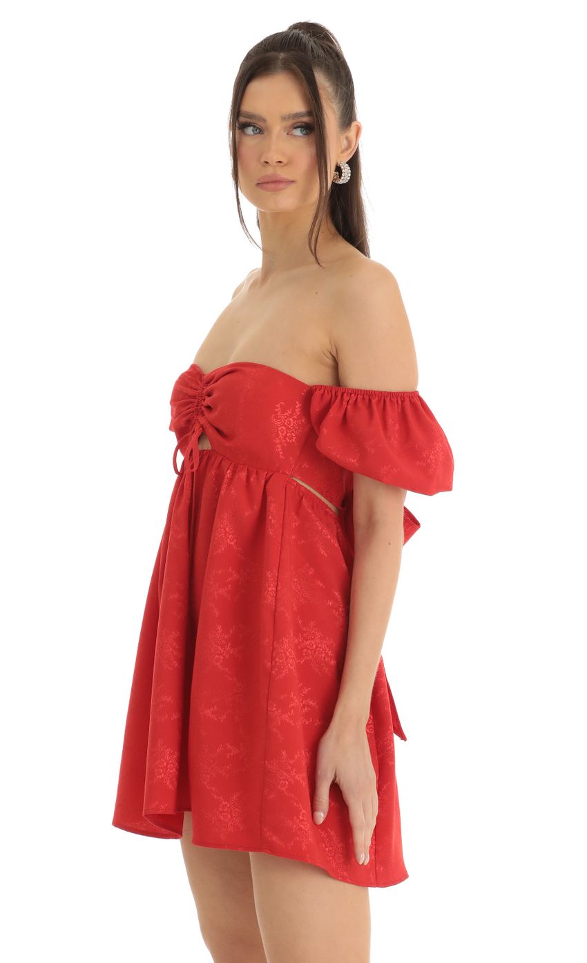 Jacquard Puff Sleeve Baby Doll Dress in Red
