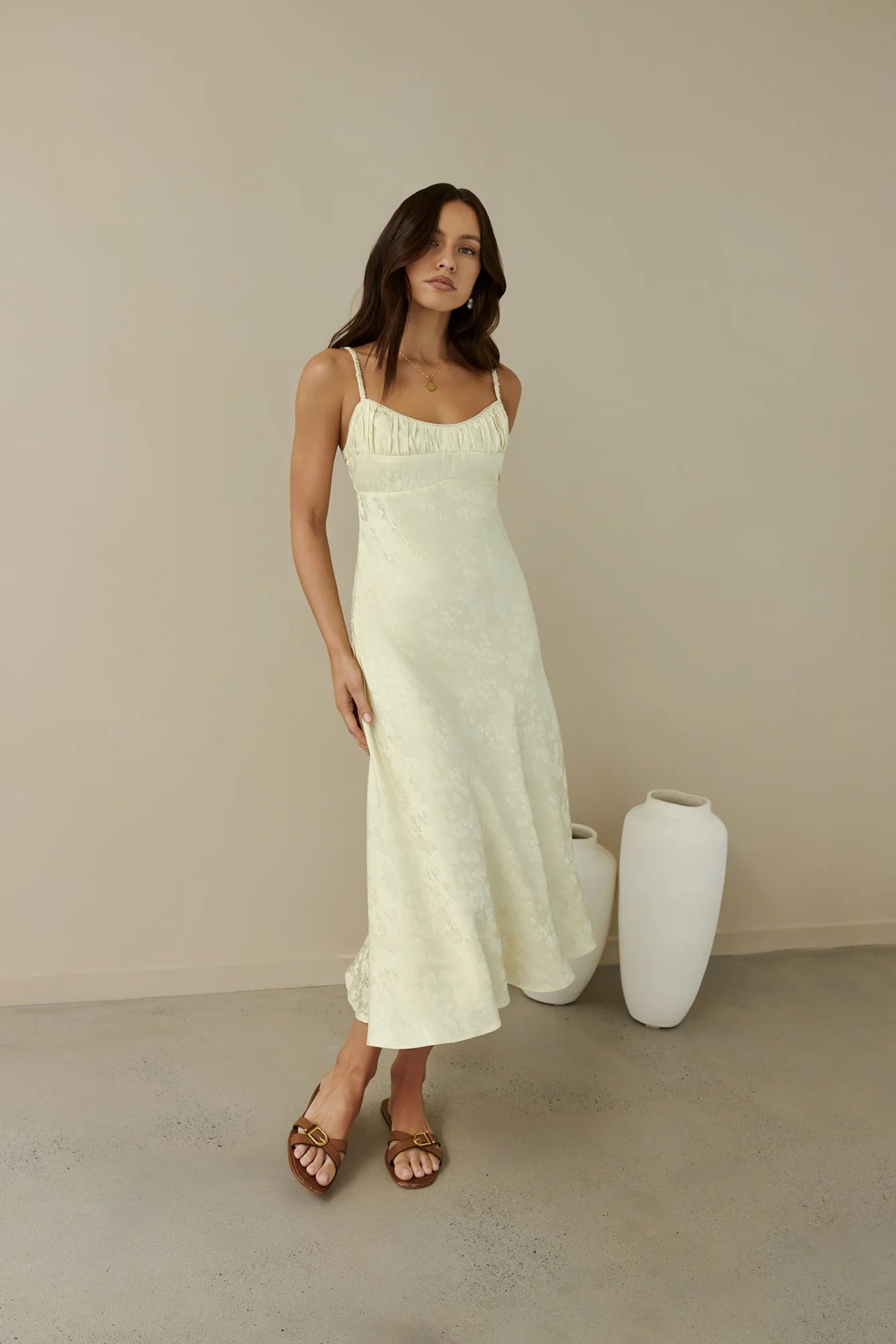 Kaiya Jacquard Satin Midi Dress Yellow