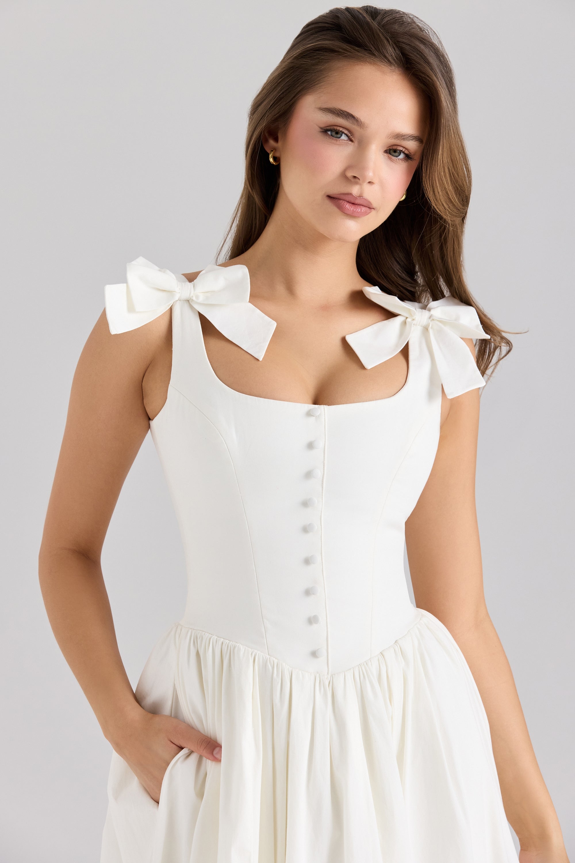 White Stretch Cotton Bow Midi Dress
