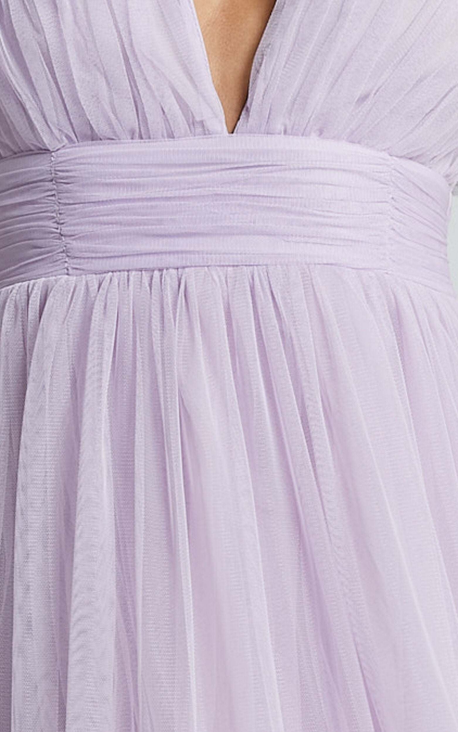 Jiraye Midi Dress - Flutter Sleeve Tuelle Plunge Dress in Lilac