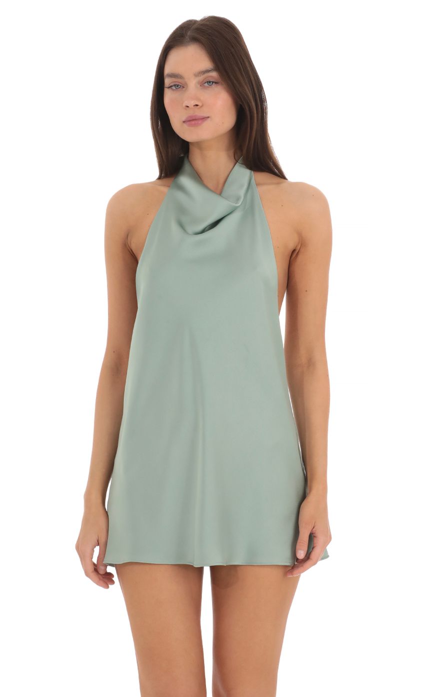 Satin Halter Open Back Dress in Sage