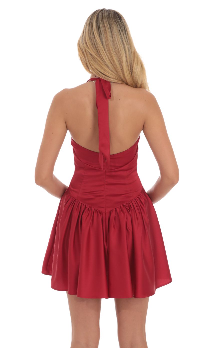 Satin Halter A-line Dress in Red