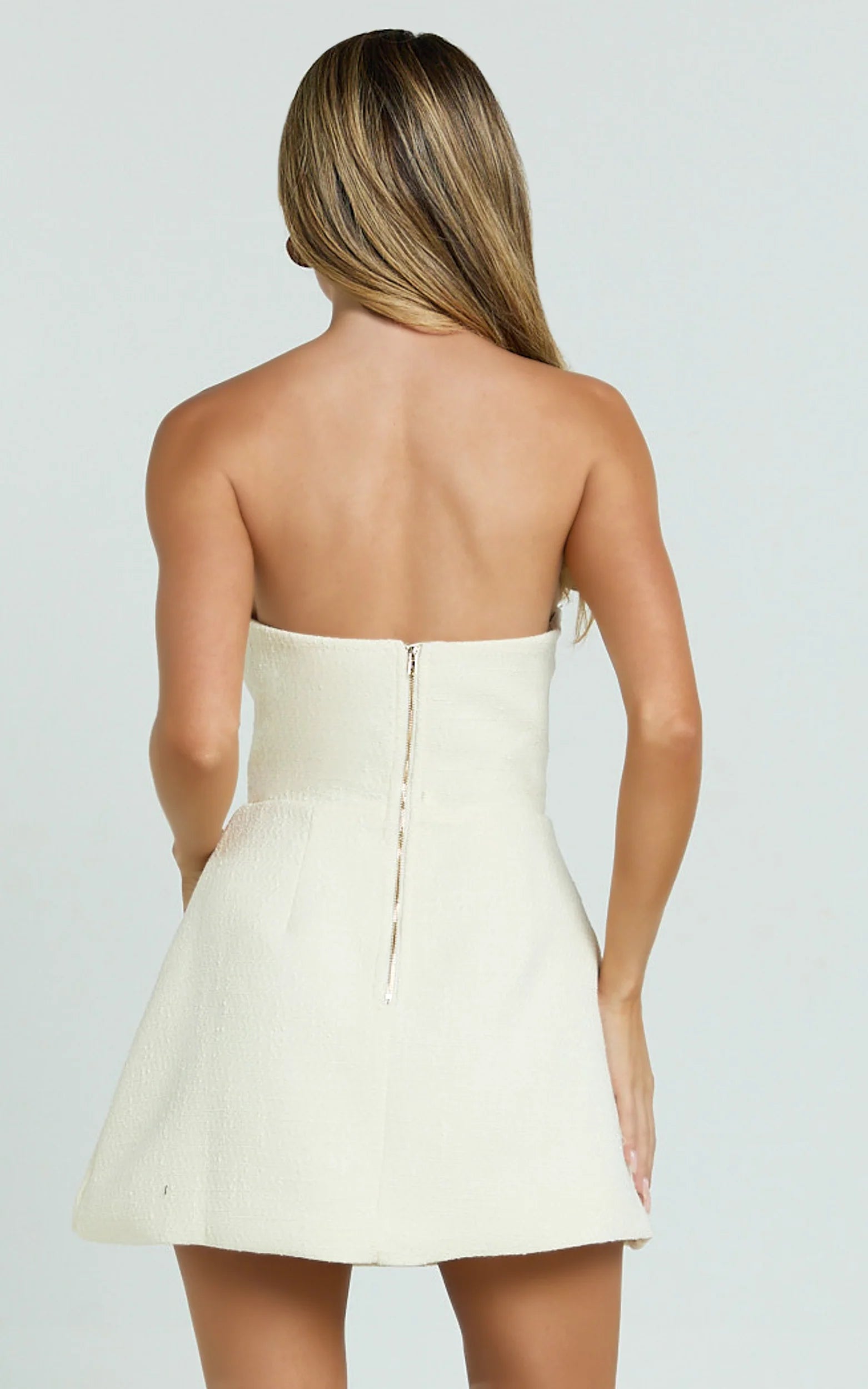 Alodia Mini Dress Boucle Strapless Tulip Skirt Dress in Cream