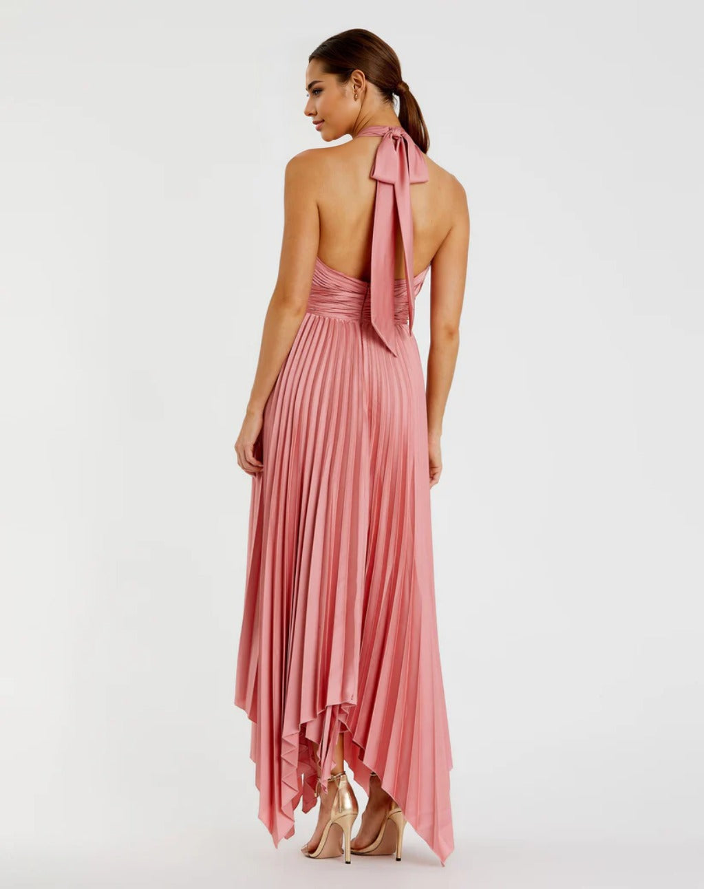 Pleated Halter Neck Asymmetrical Hem Gown