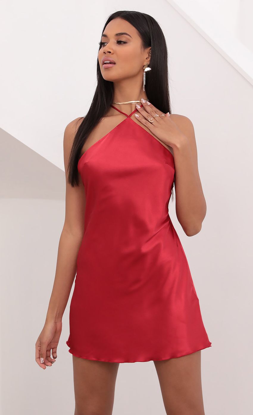 Halter Satin Slip Dress in Red