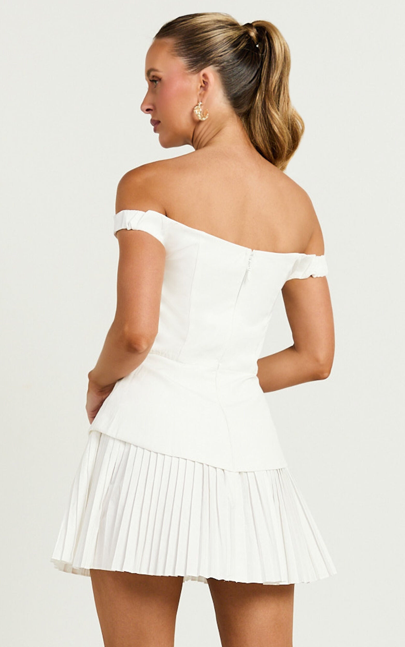 Izara Mini Dress - Off Shoulder Pleated Dress in Off White