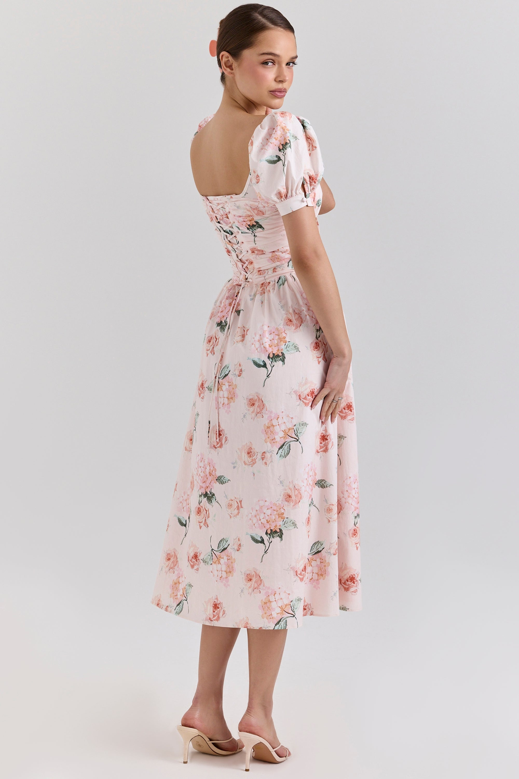 Peach Floral Cotton Puff Sleeve Midi Dress