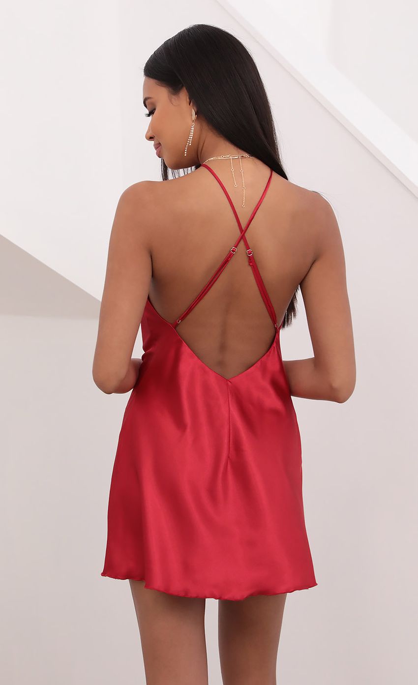 Halter Satin Slip Dress in Red