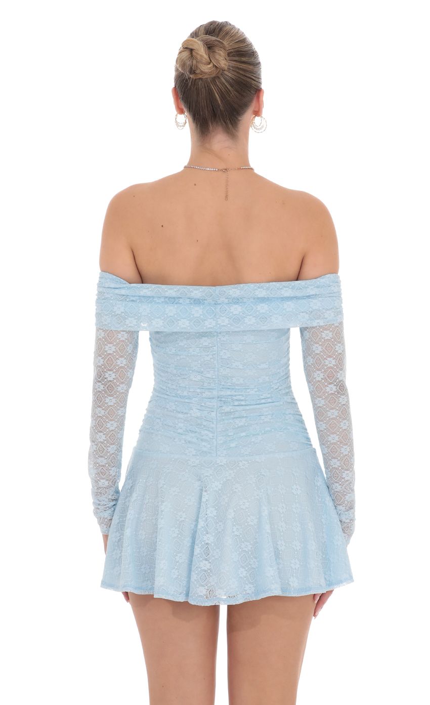 Lace Off Shoulder Flare Dress in Light Blue