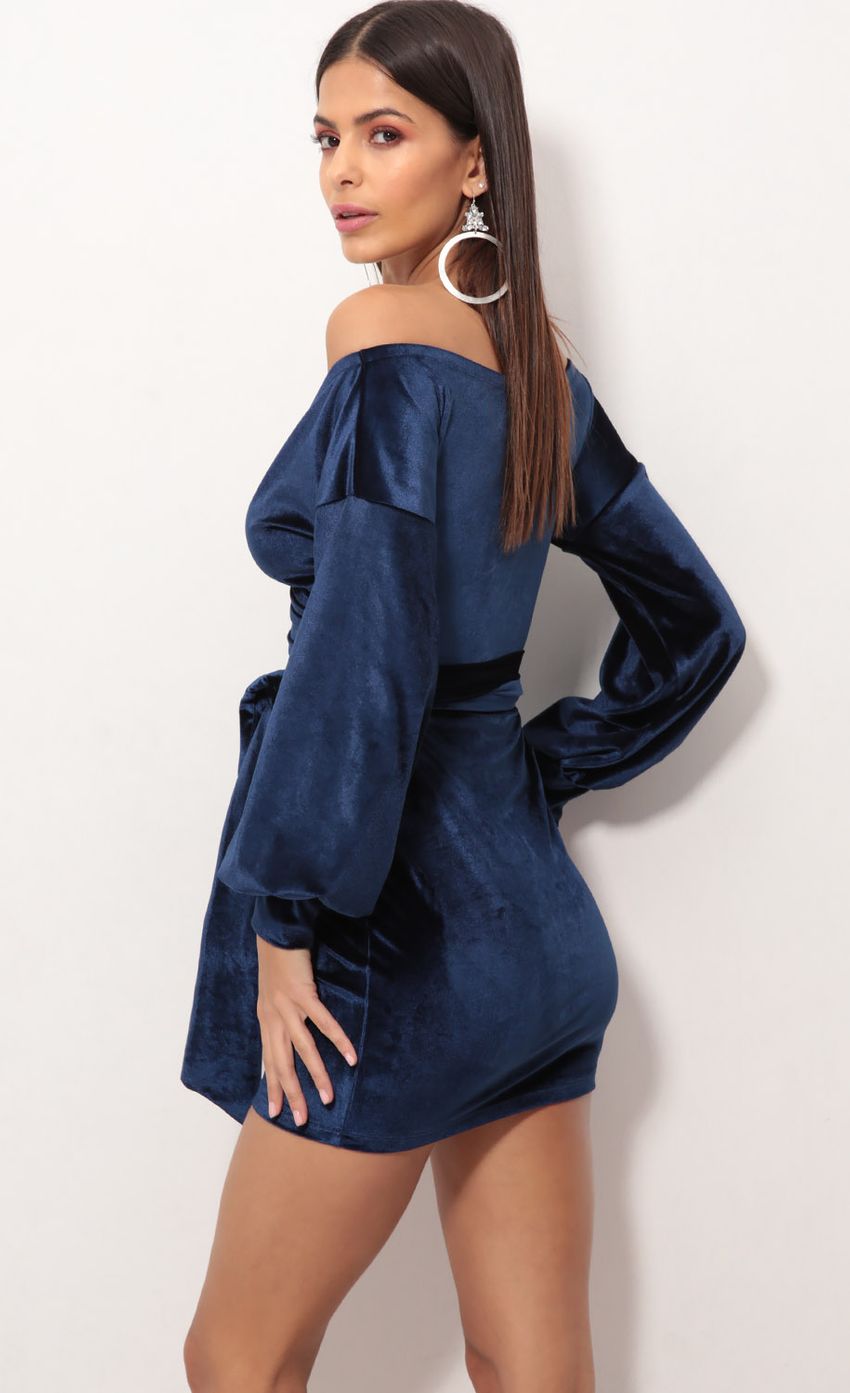 Off The Shoulder Velvet Dress in Navy