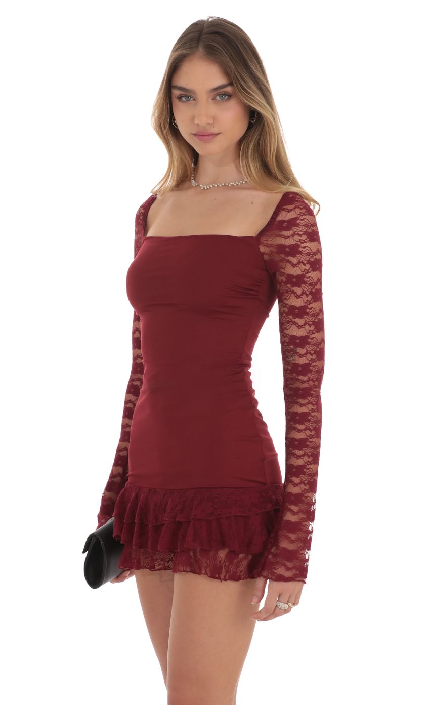 Lace Ruffle Bodycon Dress in Maroon