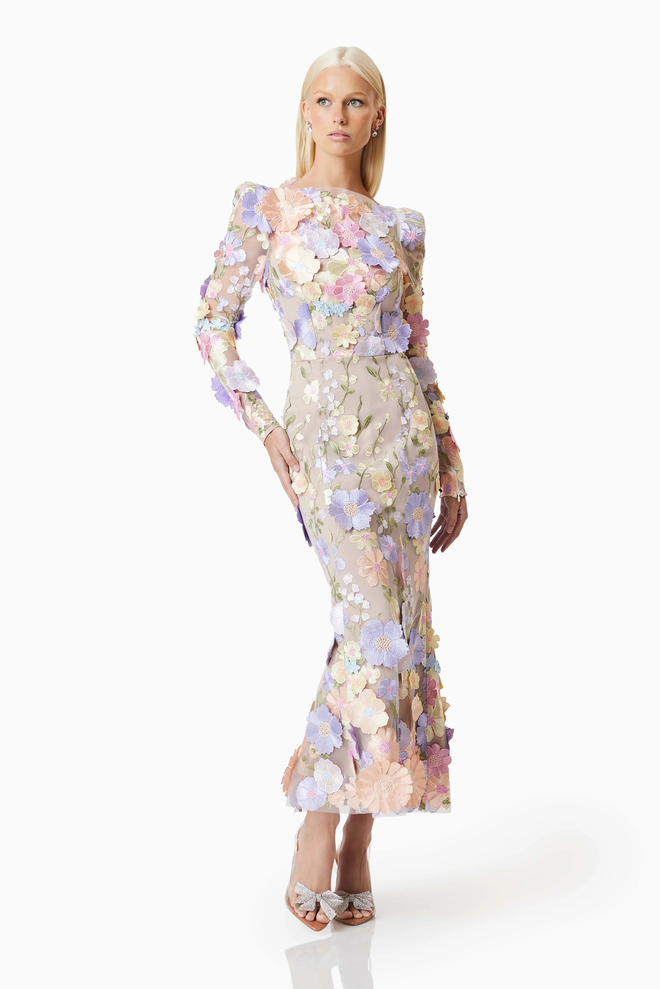 Shannon 3D Floral Midi Dress In Purple