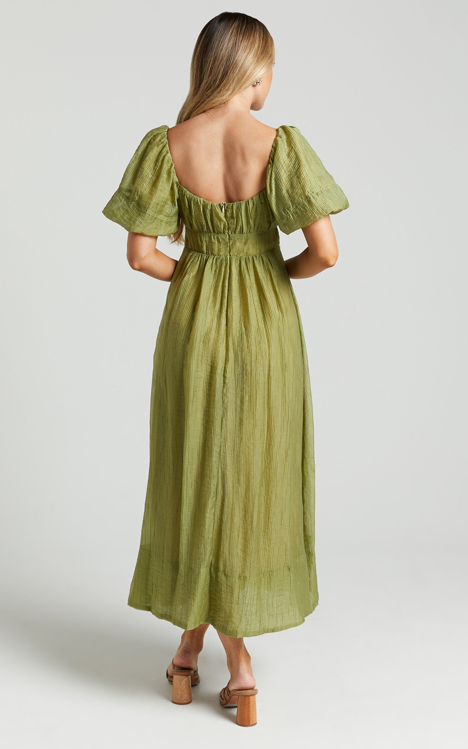 Roshina Midi Dress - Straight Neck Puff Sleeve Dress in Olive