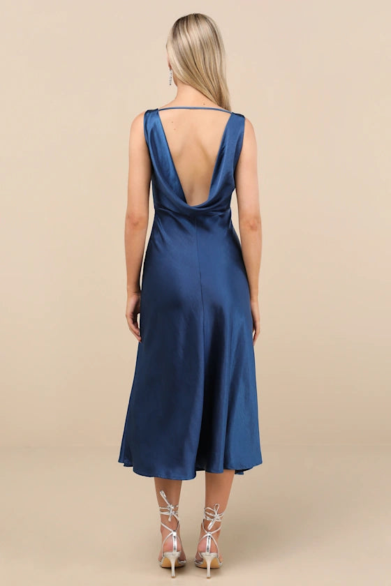 Incredible Love Navy Satin Cowl Back Midi Slip Dress
