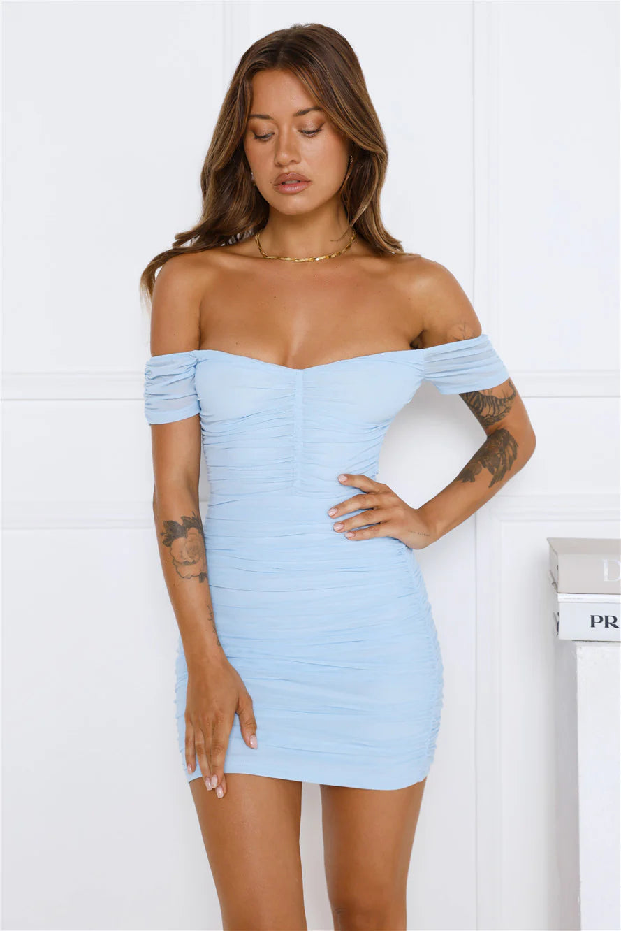Gorgeous Nights Off Shoulder Mini Dress Blue