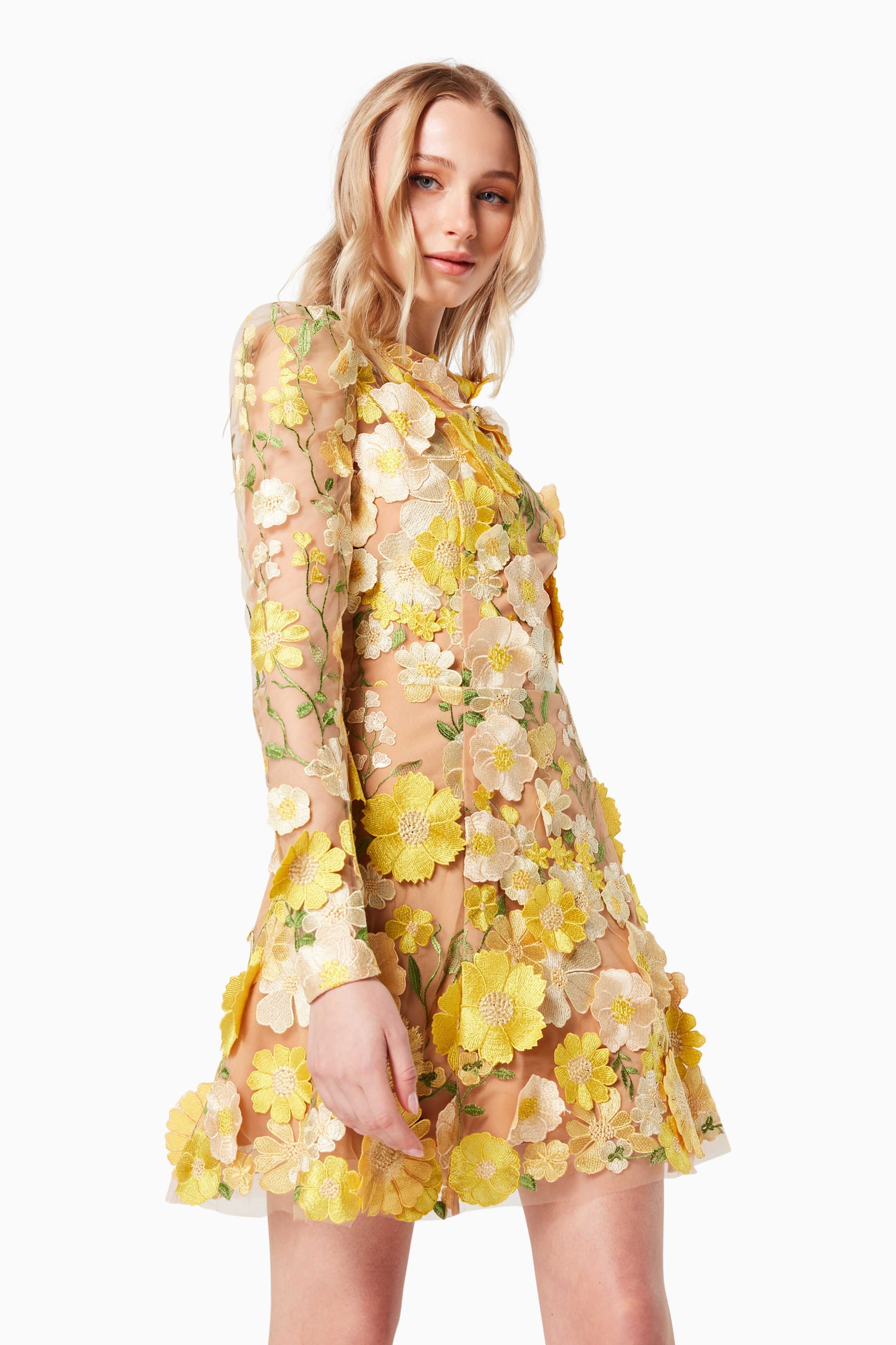 Goldenvoice 3D Floral Mini Dress In Yellow