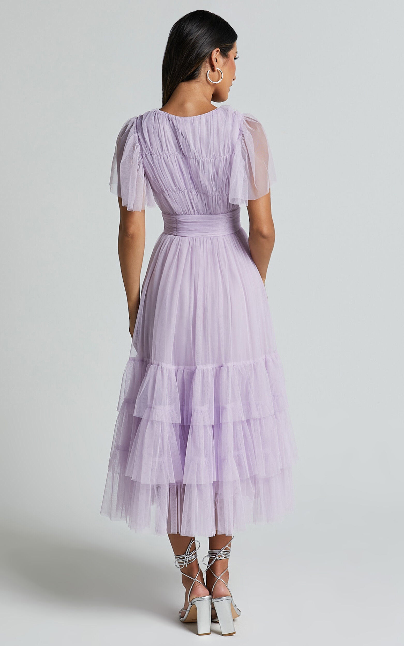 Jiraye Midi Dress - Flutter Sleeve Tuelle Plunge Dress in Lilac