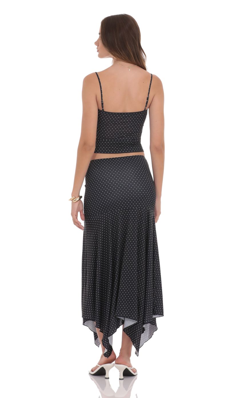 Polka Dot Asymmetrical Maxi Skirt in Black