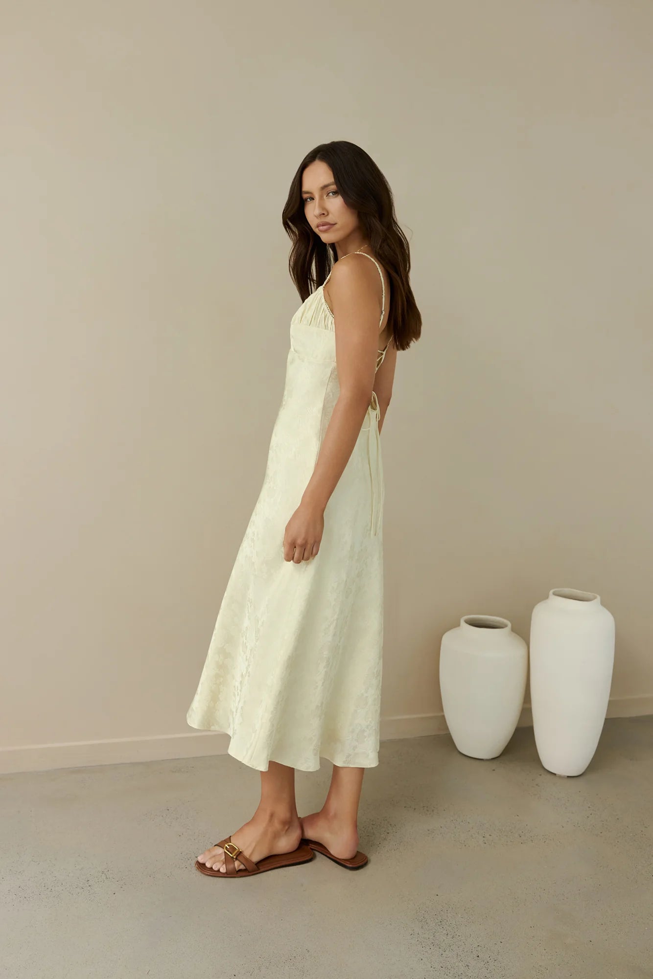 Kaiya Jacquard Satin Midi Dress Yellow