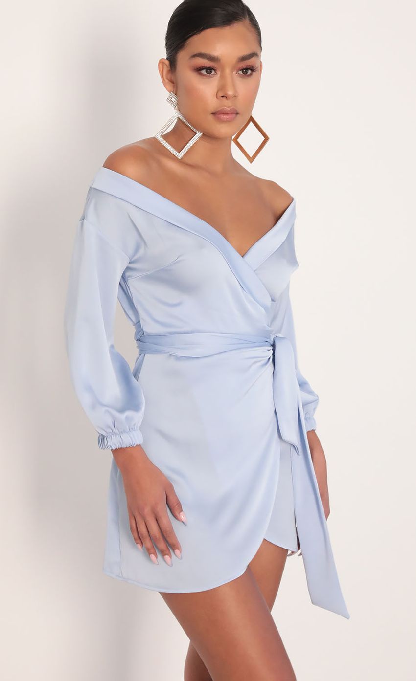 Lorella Off Shoulder Wrap Dress in Dusty Blue