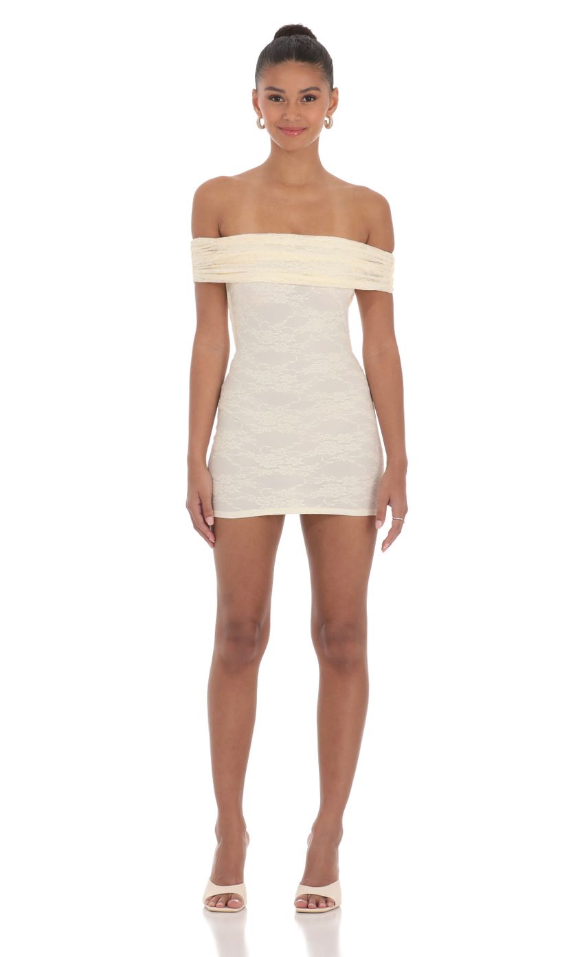 Off Shoulder Lace Bodycon Dress in Cream