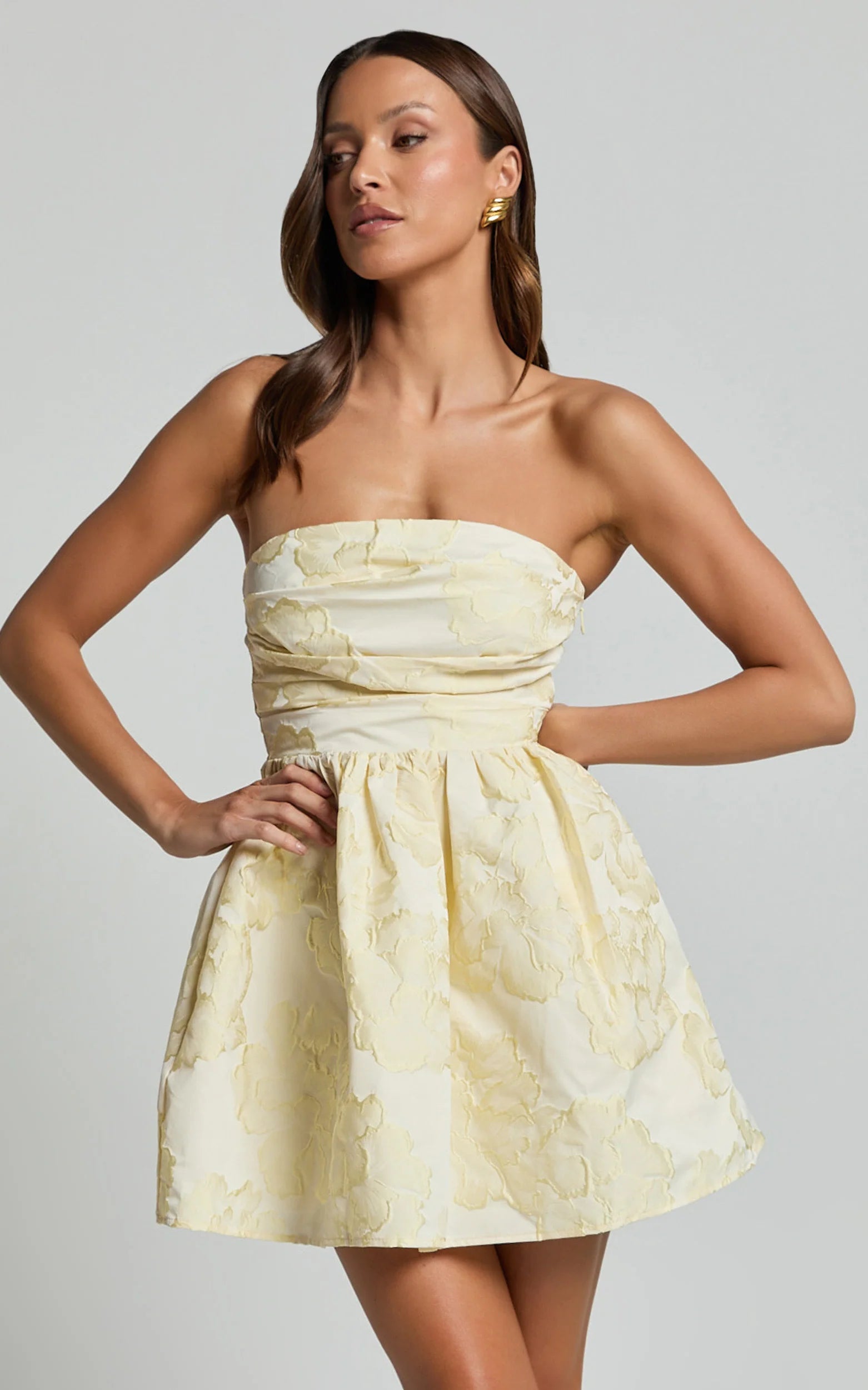 Laure Mini Dress Strapless Jacquard Dress in Lemon