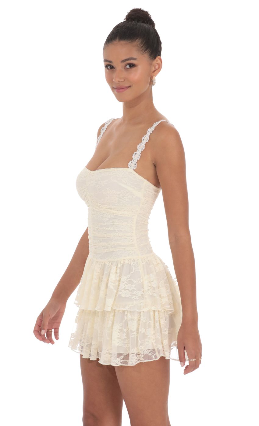 Lace Ruched Ruffle Dress in Cream