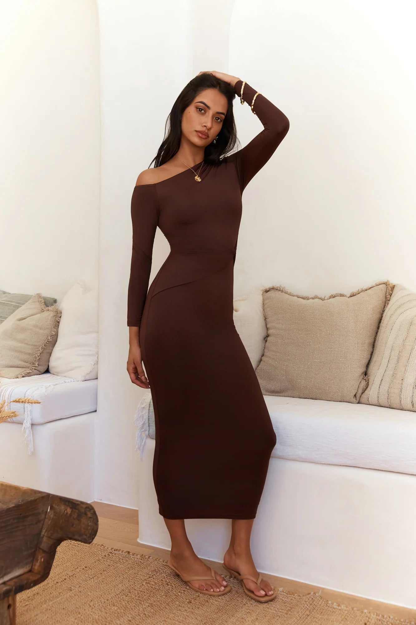 Winter Goddess Off Shoulder Long Sleeve Maxi Dress Brown