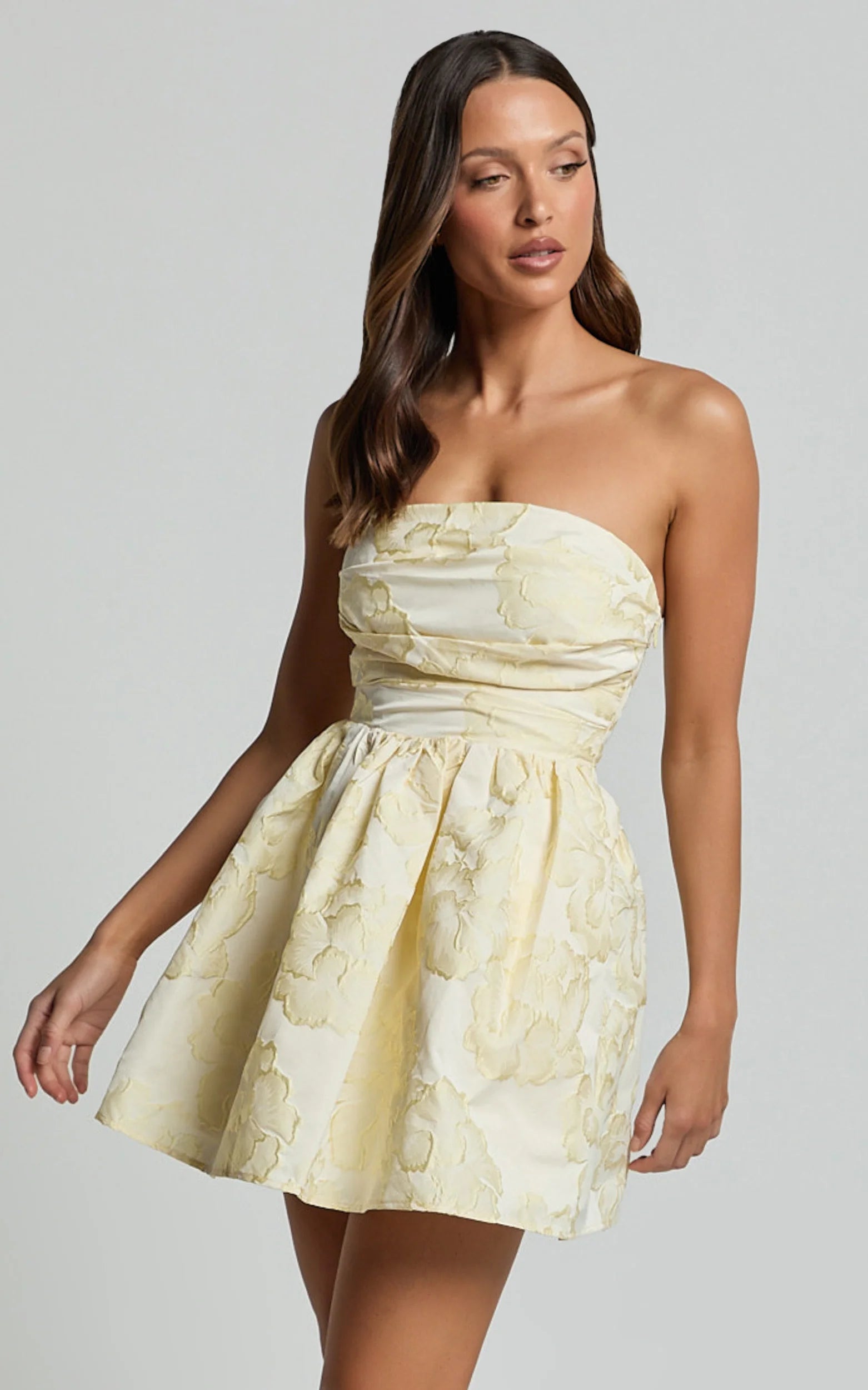 Laure Mini Dress Strapless Jacquard Dress in Lemon