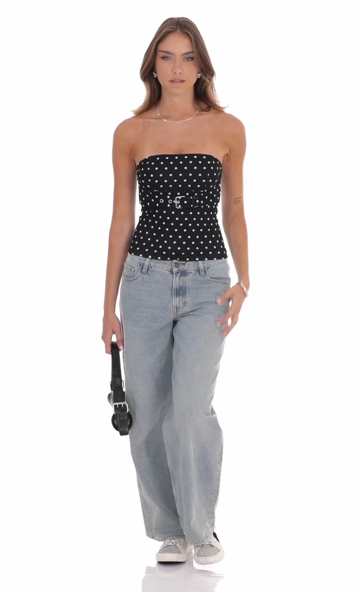 Polka Dot Strapless Buckle Top in Black