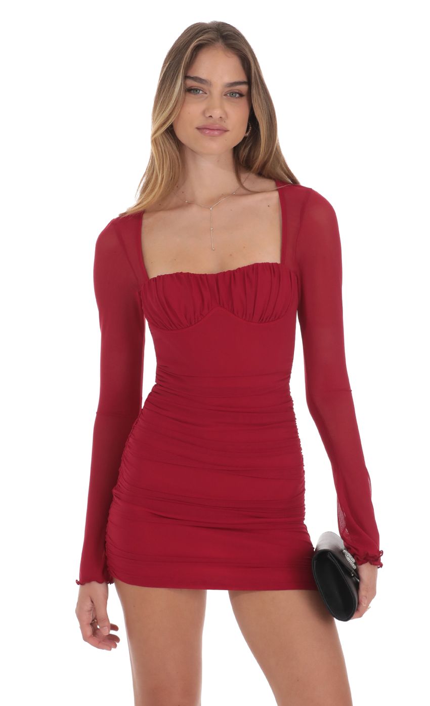 Mesh Long Sleeve Dress in Red