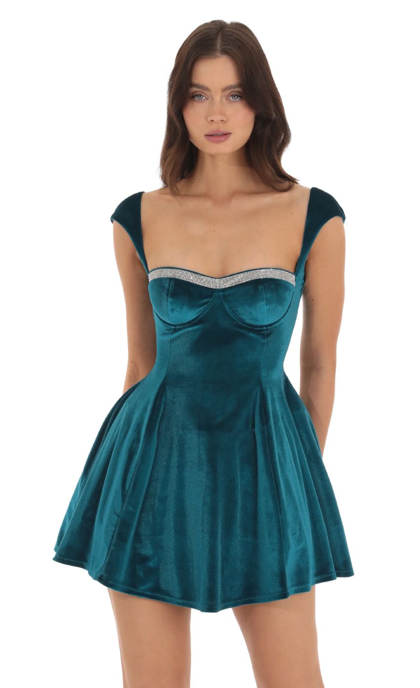 Rhinestone Velvet Puff Dress in Blue