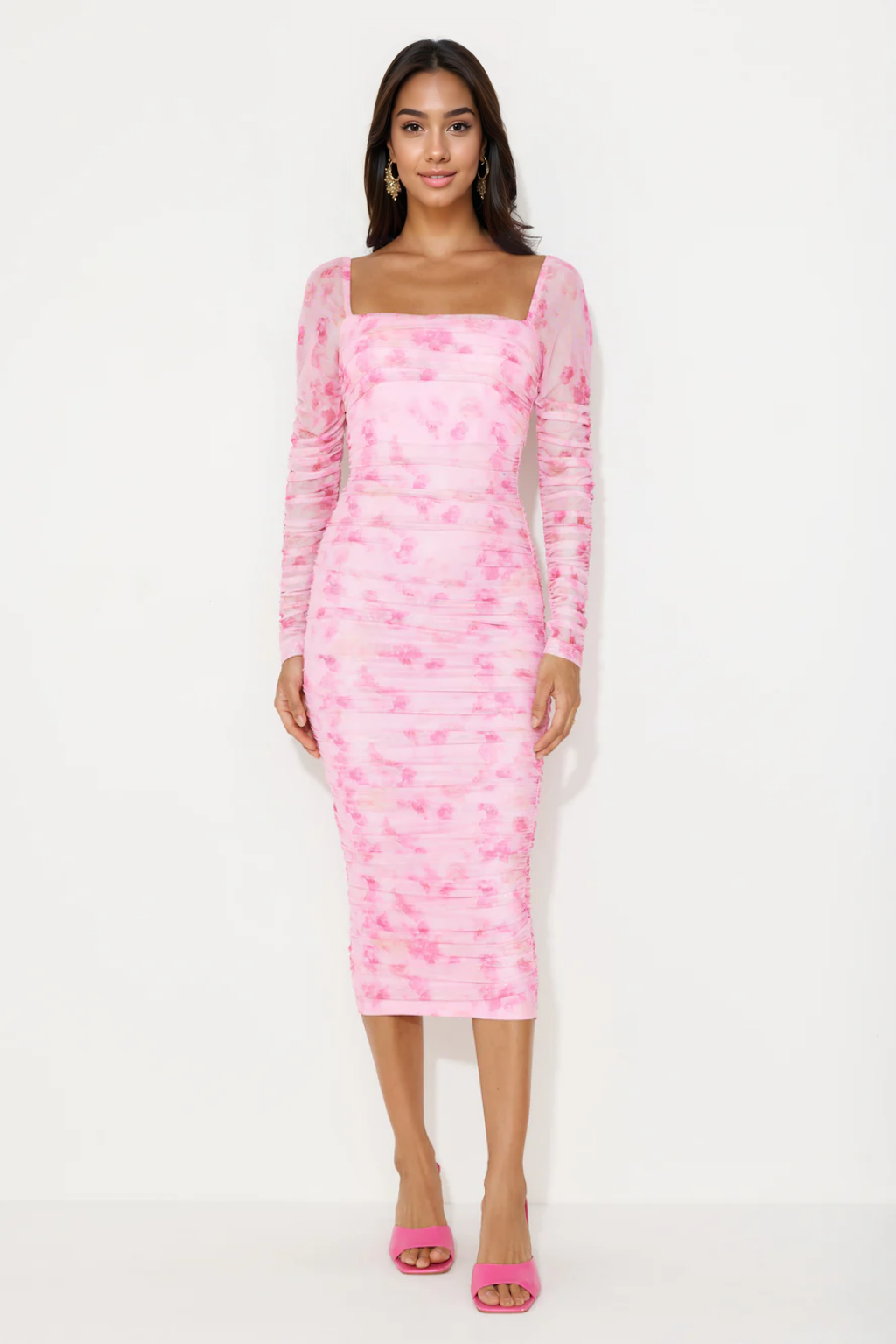 Hey There Gorg Long Sleeve Mesh Midi Dress Pink