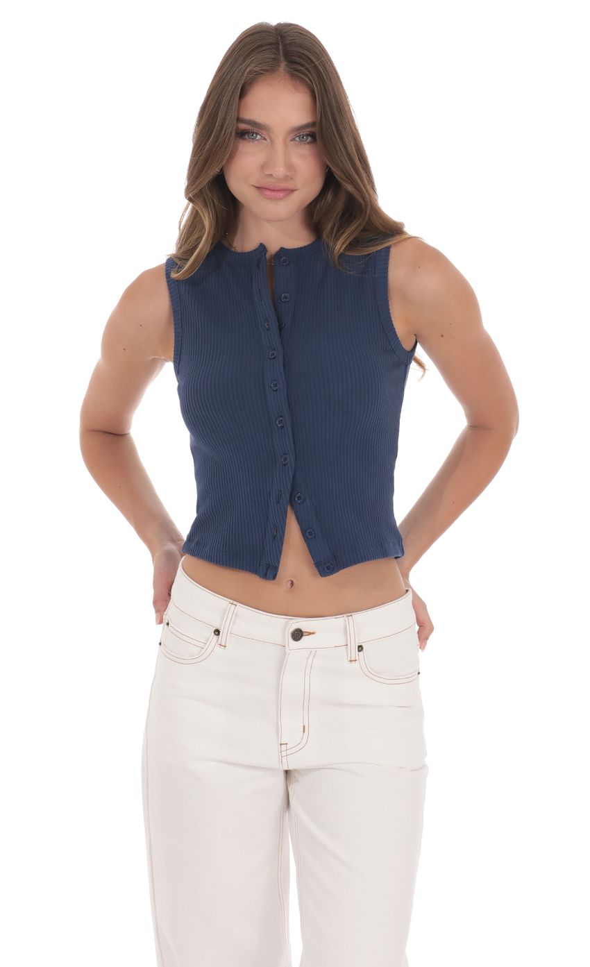 Ribbed Button Top in Navy