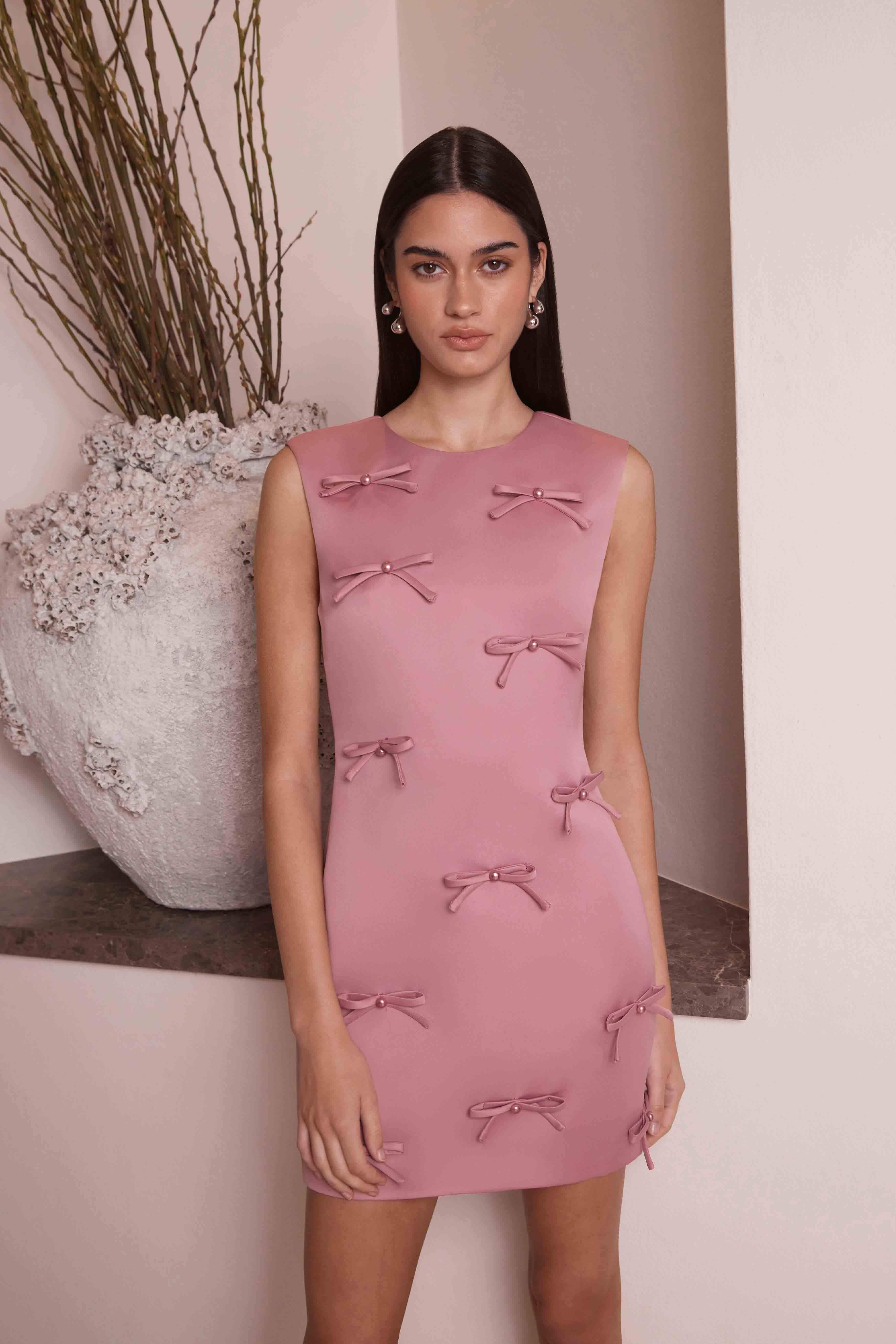 Rose Bow Shift Dress in Pink