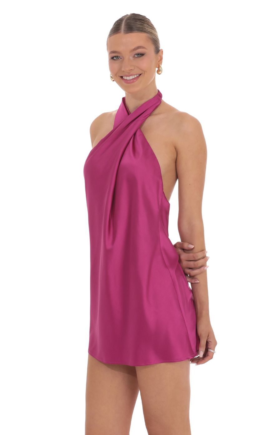 Satin Cross Halter Dress in Magenta
