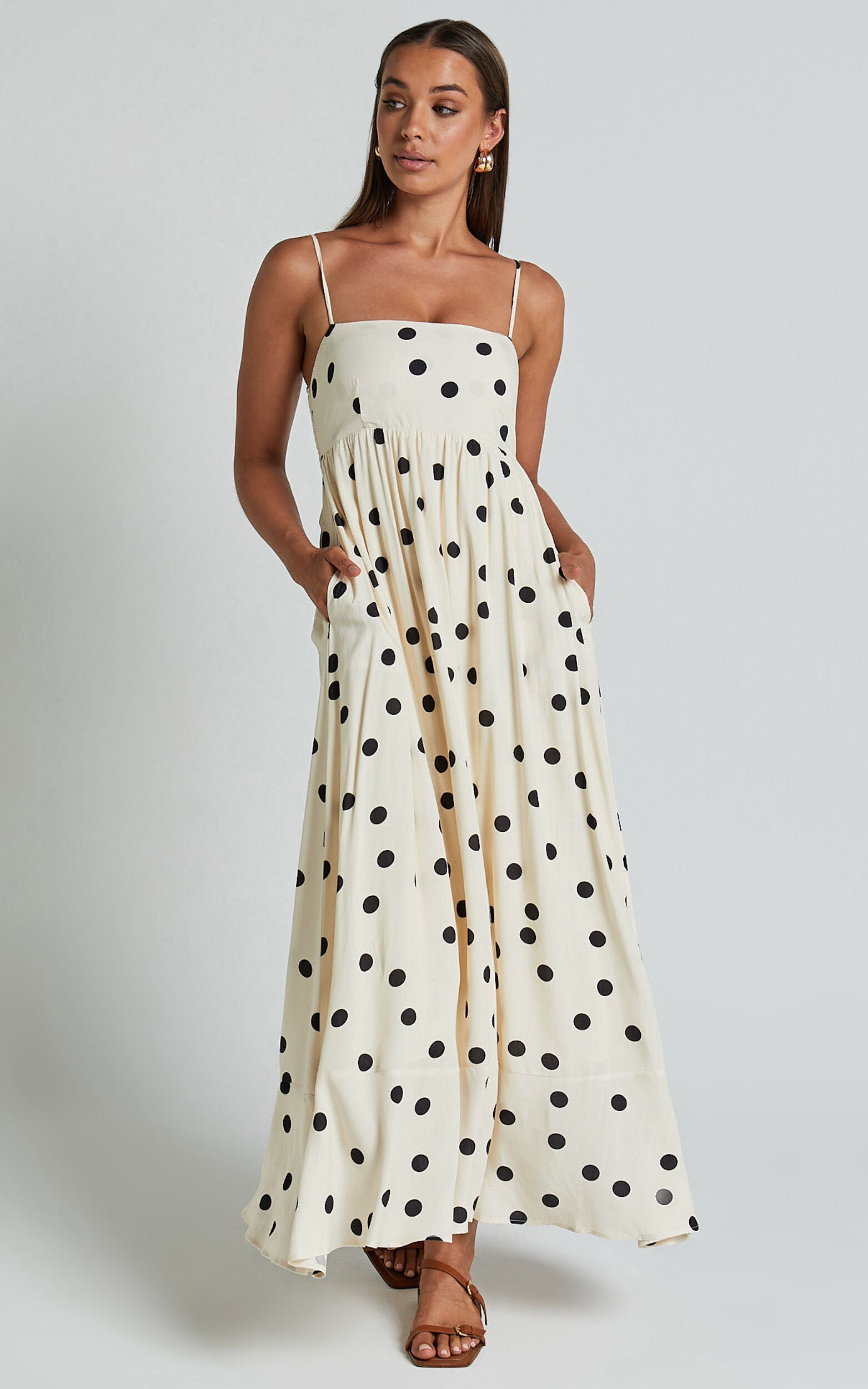Miriam Midi Linen Dress - Strappy Straight Neck A Line Dress in Beige & Black Spot