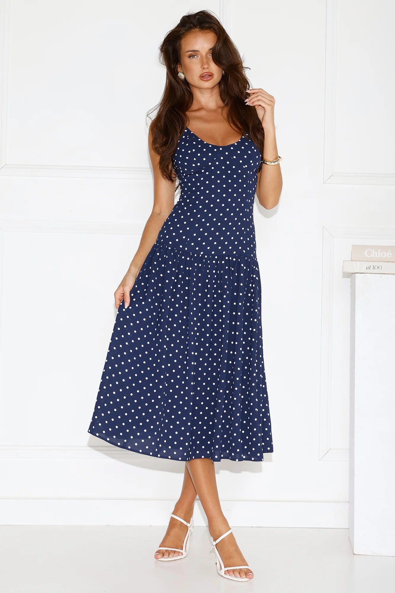 Polka Dot Charm Midi Dress Navy