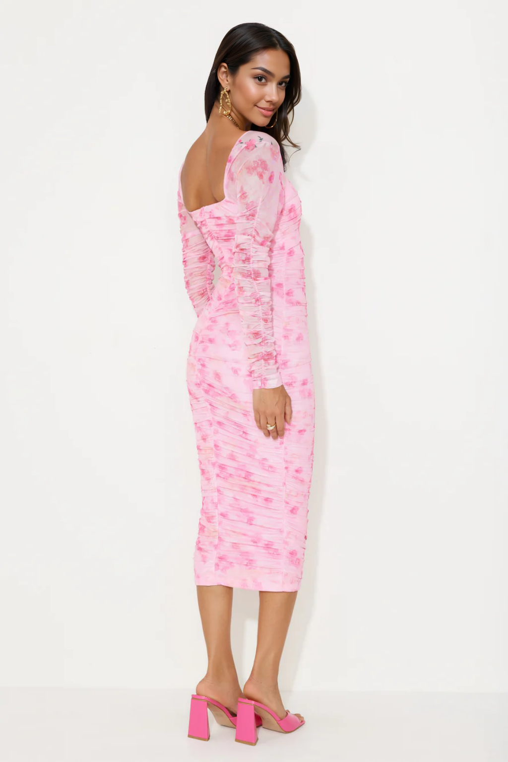 Hey There Gorg Long Sleeve Mesh Midi Dress Pink