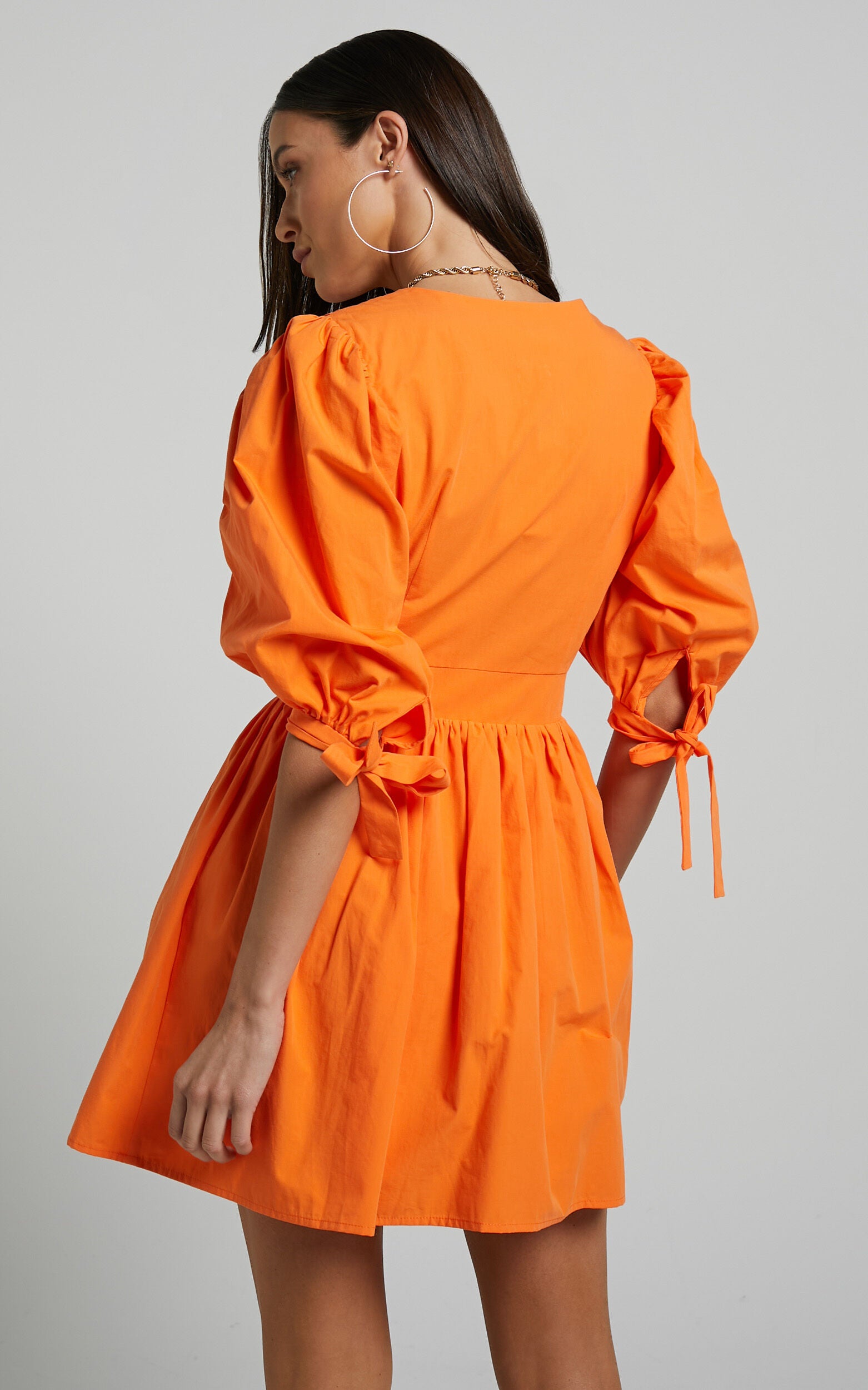 Zandra Mini Dress - Puff Sleeve Poplin Dress in Orange