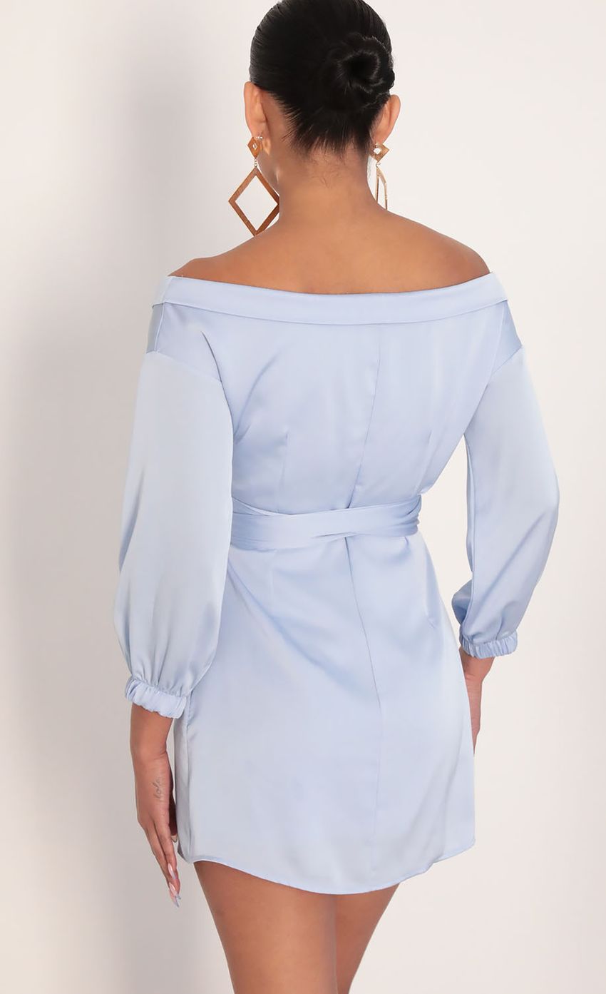 Lorella Off Shoulder Wrap Dress in Dusty Blue