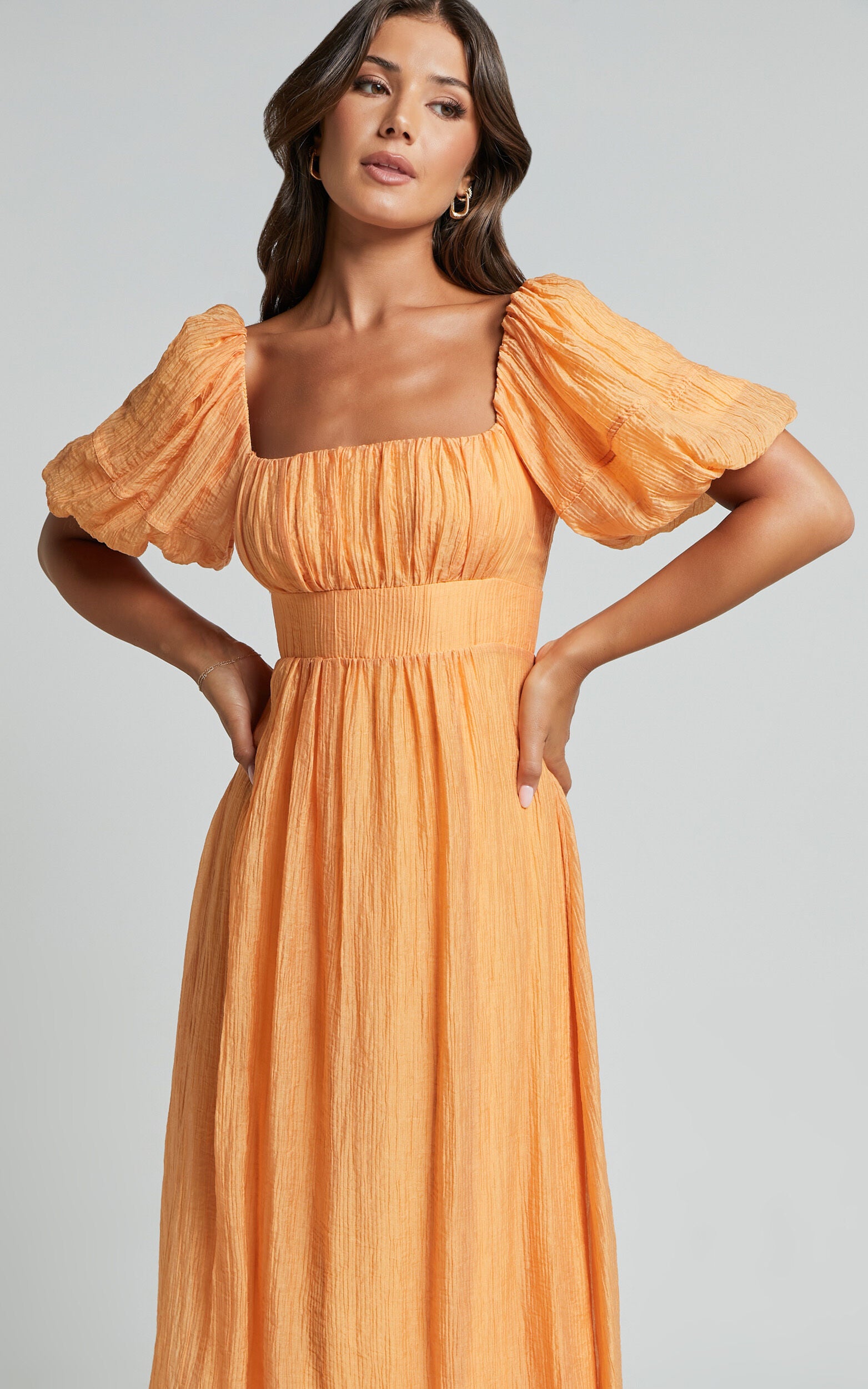Roshina Midi Dress - Straight Neck Puff Sleeve Dress in Orange