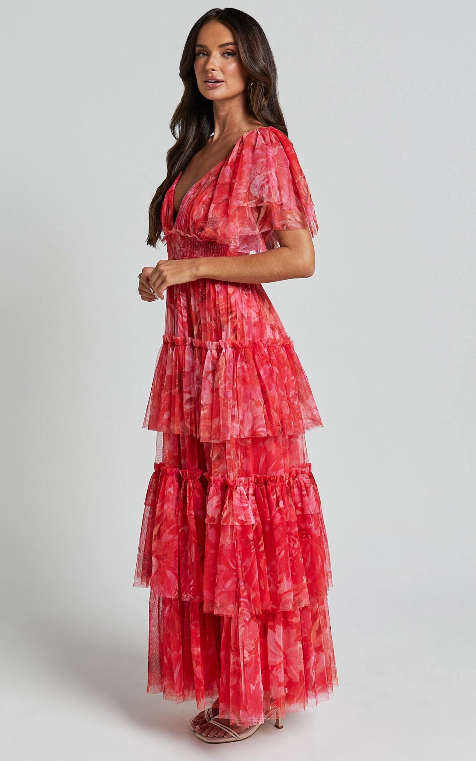 Leianna Midi Dress - Tulle Flutter Sleeve Tiered Ruffle Dress in Sunset Floral