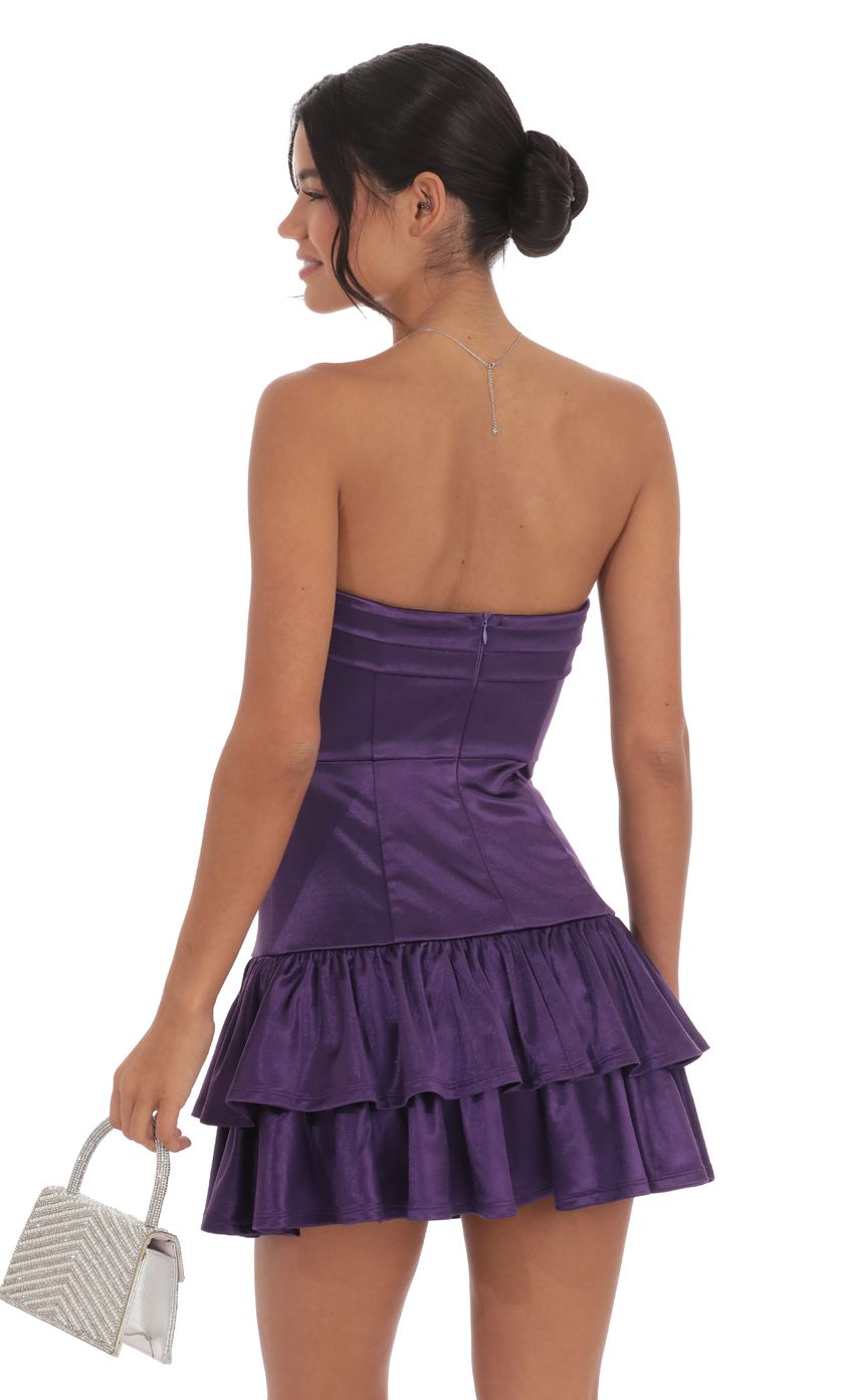 Satin Strapless Ruffle Dress in Purple