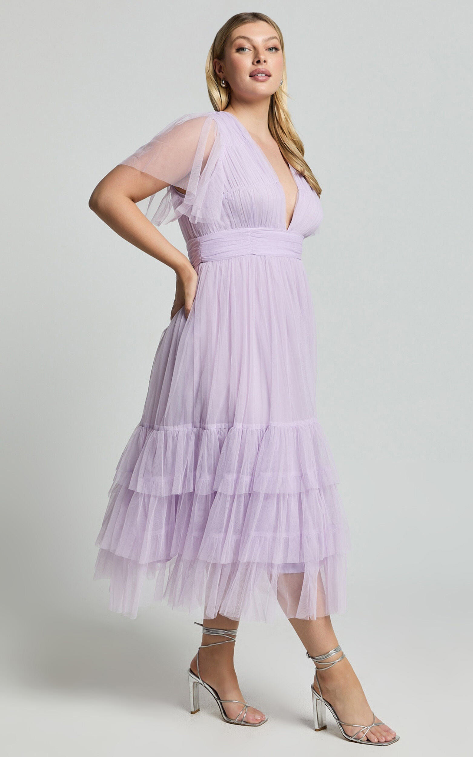Jiraye Midi Dress - Flutter Sleeve Tuelle Plunge Dress in Lilac