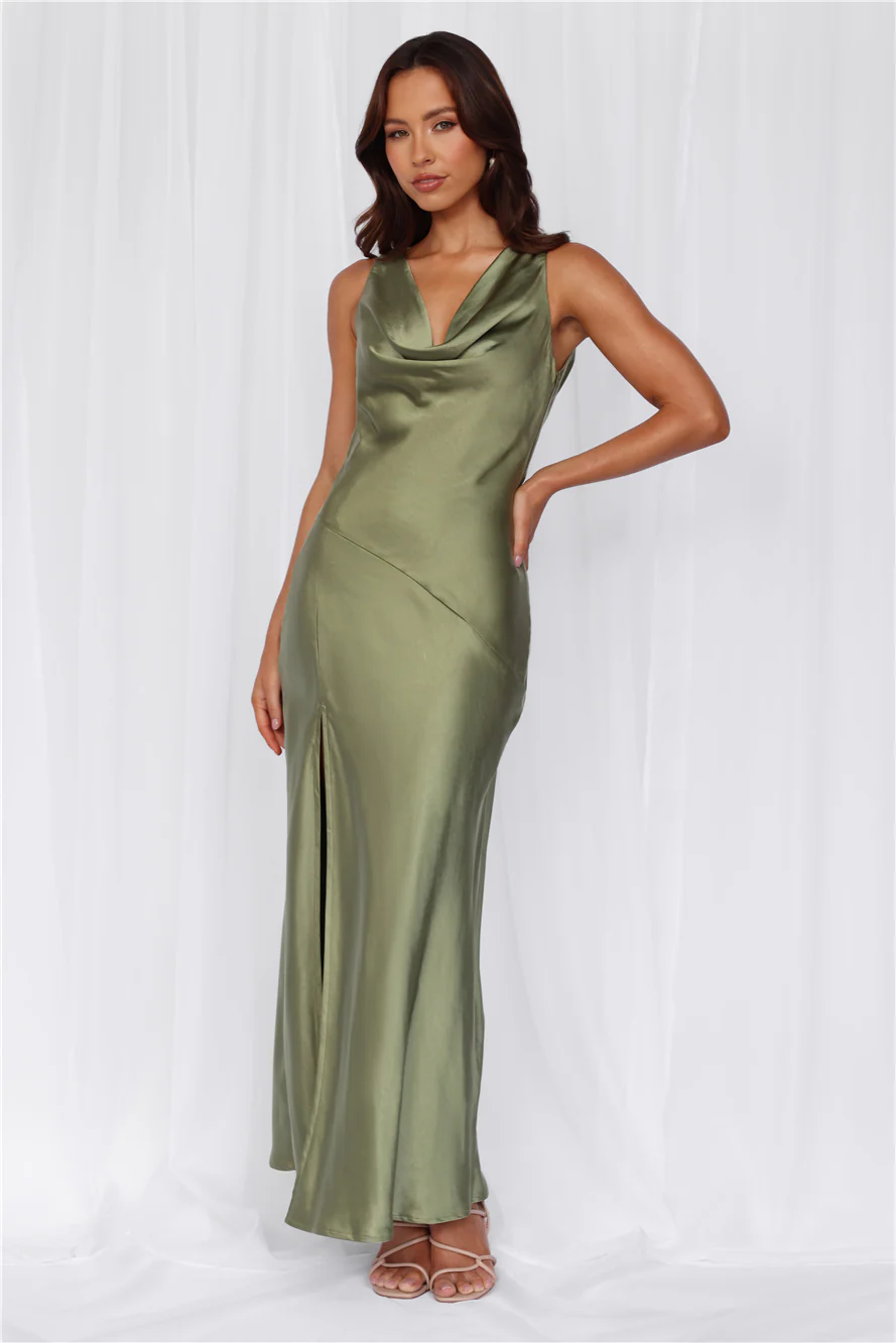 The Loretta Cowl Satin Maxi Dress Olive