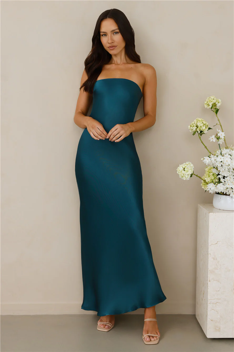 The Felicity Strapless Satin Maxi Dress Teal