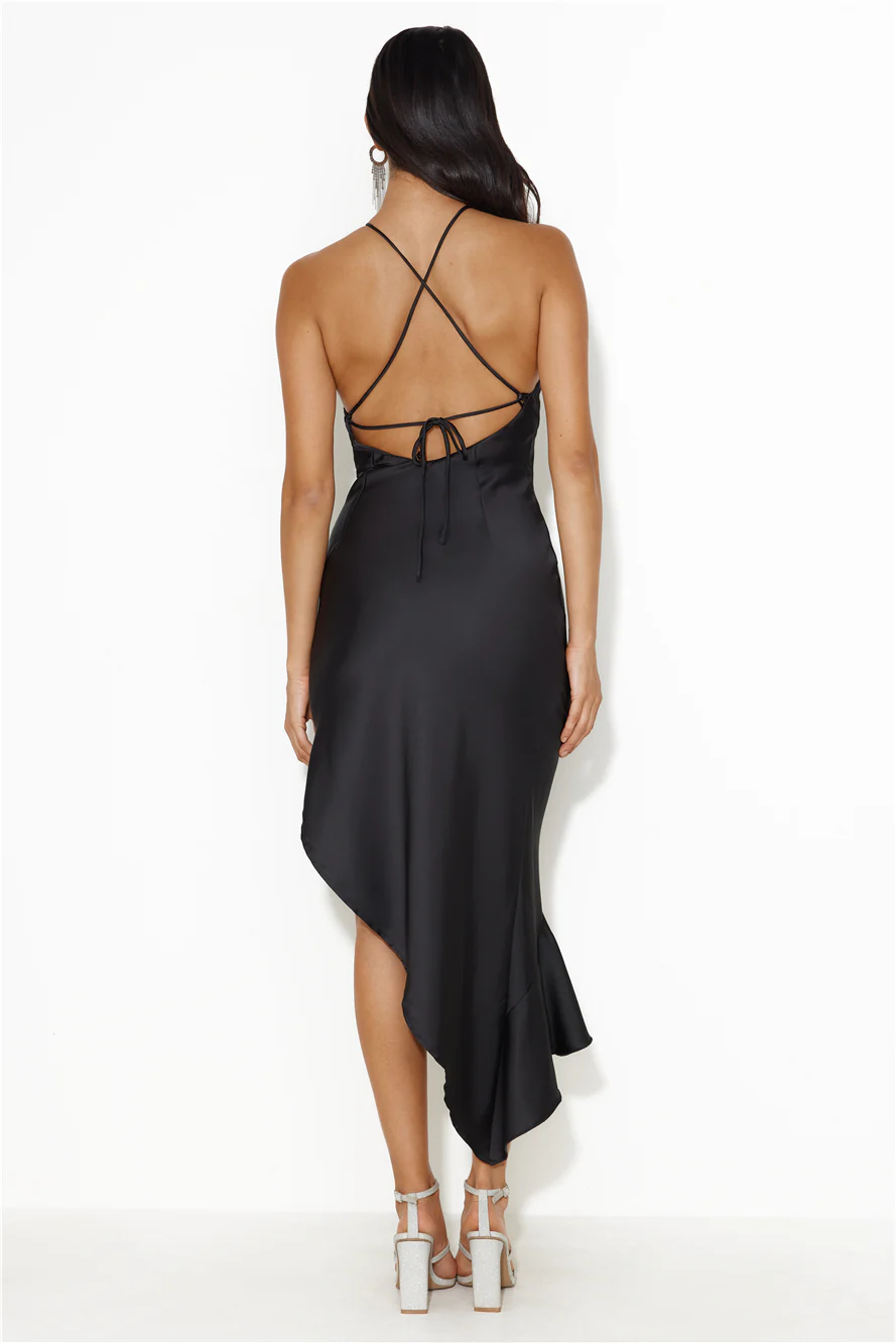 Twilight Setting Satin Midi Dress Black