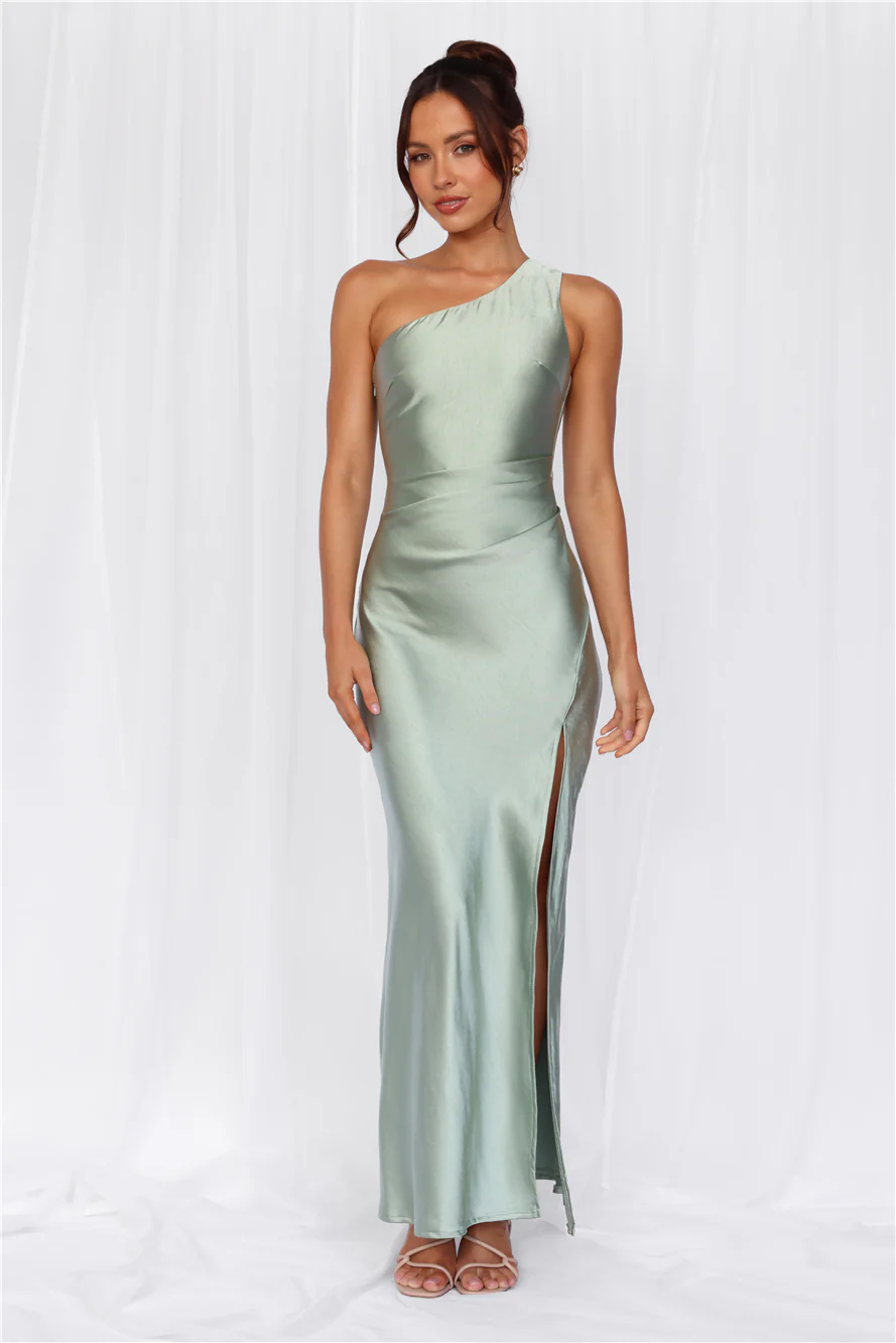 The Aurora One Shoulder Satin Maxi Dress Sage